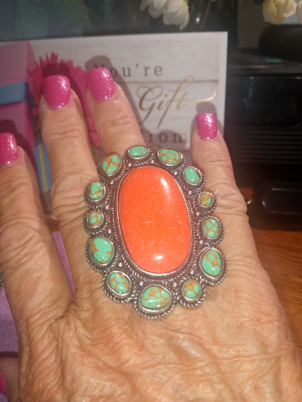 Statement Orange and Faux Turquoise Oval Cocktail Ring